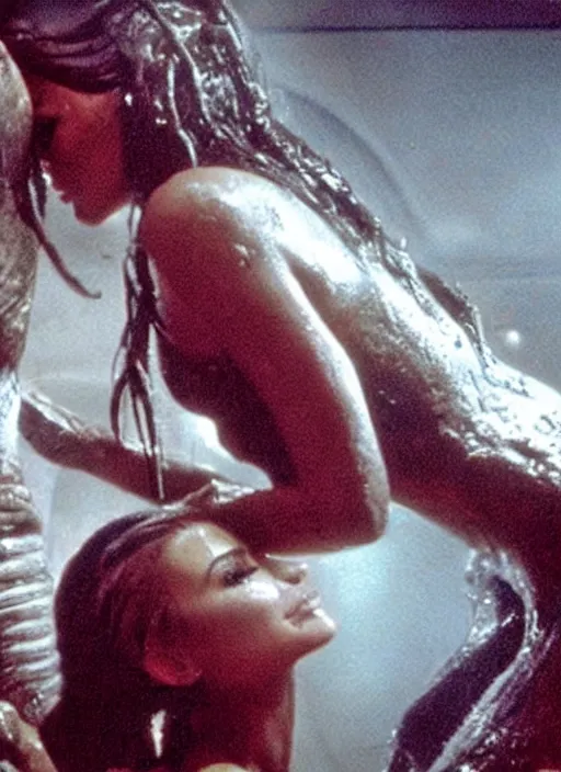 Image similar to movie still of kim kardashian being swallowed by a alien, in the movie alien. goo, saliva, sweat, oily substances.