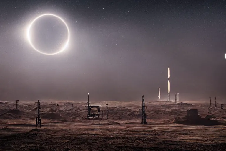 Image similar to landscape photography alien dust planet with sandstorm and oil rigs with multiple moons in the starry space skyline. men working seem small. sense of scale. huge futuristic grungy industrial buildings