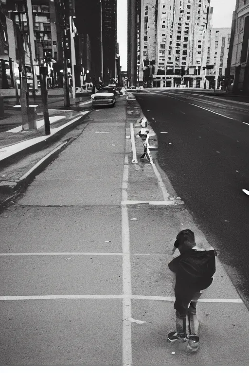 Image similar to photo polaroid of sad and lonely child in the middle of an empty street in a big city, photorealistic, 35mm film, black and white, polaroid,