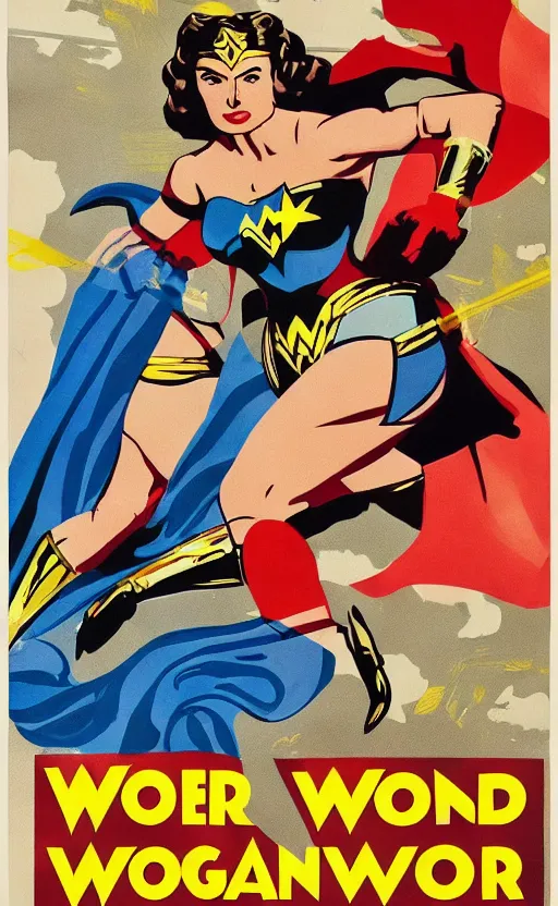 Image similar to ingrid bergman as wonder woman. poster for the 1 9 4 8 film'wonder woman versus the robots '. colourful detailed painted collage. action. beautiful. powerful.