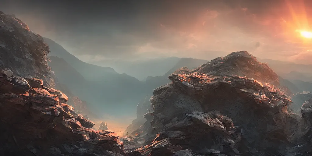 Image similar to Steven Spielberg movie shot, a mountain valley shattered into thousands of gigantic rock fragments floating in the sky, no gravity, dark and moody atmosphere, sunrise, 10mm lens, trending on Artstation, highly detailed,