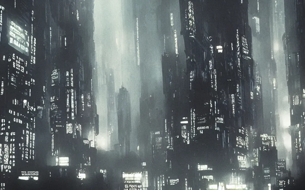 Prompt: 3 5 mm atmospheric night urban photographic landscape of dystopian blade runner 1 9 8 2 city, matte painting, cinematic composition, futuristic dystopian megacity with countless varied mega - skyscrapers endlessly rising into the horizon, falling acid rain, neon, dramatic cinematography 3 5 mm