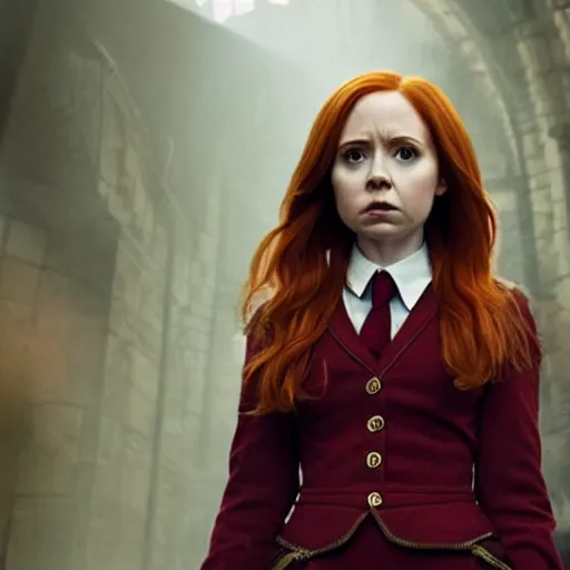 Image similar to A still of Karen Gillian starring as Hermione Granger in her Gryffindor uniform