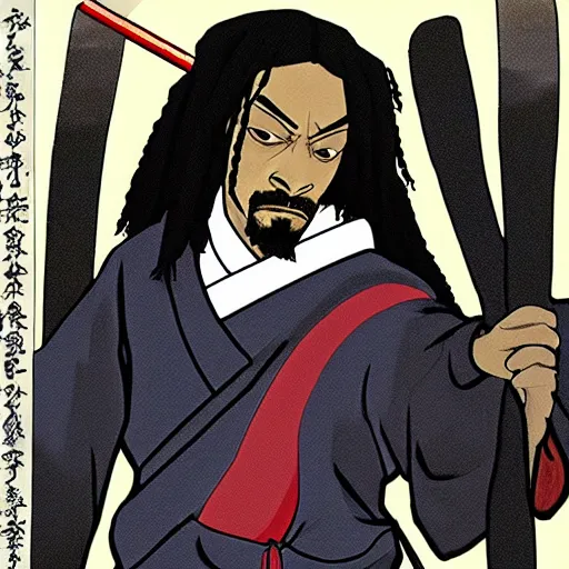 Image similar to Snoop dogg samurai Champloo Champloo defensive stance with katana, in style of samurai anime, artsation, close up
