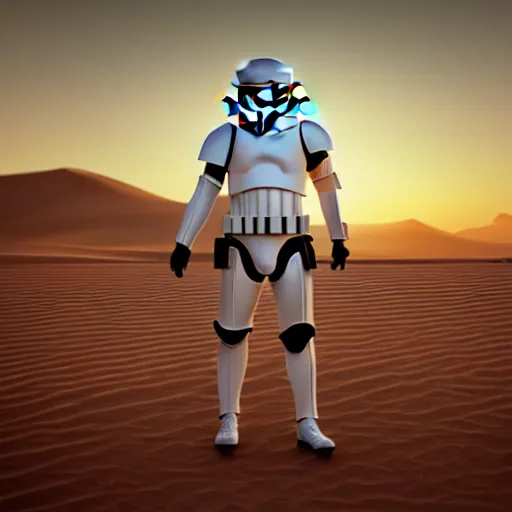 Prompt: innovative avant-garde art, deco fashion, stormtrooper, highly detailed, photorealistic portrait, serene desert setting, golden hour, crisp quality and light reflections, unreal engine 5 quality render