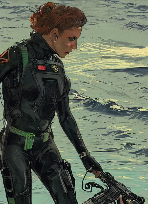 Image similar to Selina. Beautiful USN blackops operator emerging from water at the shoreline. Operator wearing Futuristic wetsuit and looking at an abandoned shipyard. Frogtrooper. rb6s, MGS, and splinter cell Concept art by James Gurney, Alphonso Mucha. Vivid color scheme.