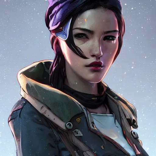 Image similar to concept art character, very high angle view, book cover, very attractive woman with full lips, walking in cyberpunk valley highly realistic, fine details, Anime, realistic shaded lighting by Ilya , WLOP Jeremy Lipkin and Giuseppe Dangelico Pino, Borderlands 3 style, book cover, extremely fine inking lines