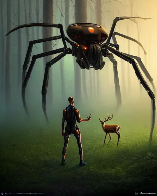 Image similar to Epic sci-fi Art depicting a deer grazing in the forrest with a giant spider robot in the background by John Stephans Hyper detailed digital matte painting, concept art, hyperrealism, Cinema 4D, 8k resolution, 64 megapixels, coherent, bokeh, CGSociety, ZBrush Central, behance HD, hypermaximalist, a masterpiece, 4K