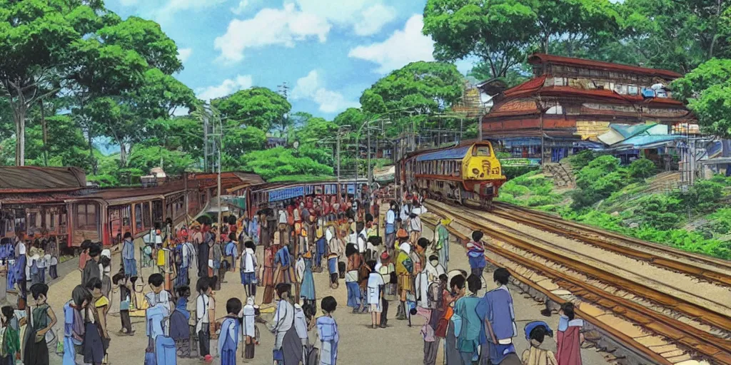 Image similar to sri lankan train station, drawn by hayao miyazaki