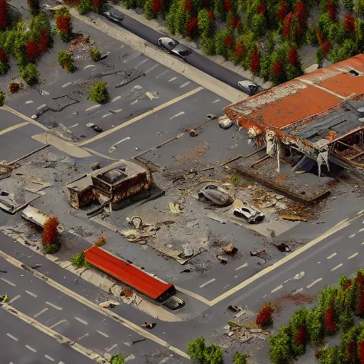 Image similar to top down aerial view of dilapidated gas - station with supermarket and shopping street in real life, desolate with zombies, dilapidated, zombies in the streets, nightmarish, some rusted style parked vehicles, sunny weather, few clouds, volumetric lighting, photorealistic, daytime, autumn, sharp focus, ultra detailed, cgsociety