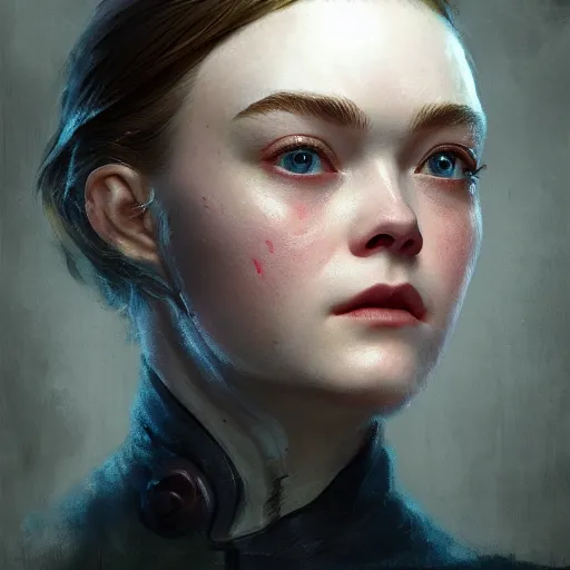 Image similar to ultra realistic medium shot head and shoulders masterpiece matte portrait painting of elle fanning in dishonored, cosmic horror, artstation, art by frank frazetta and sachin teng, 4 k, ultra realistic, highly detailed, epic lighting