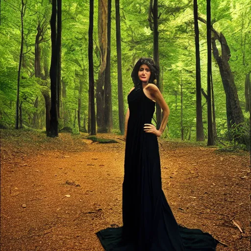 Prompt: medium shot photo portrait of a beautiful woman wearing a black gown stands in a bright forest, beautiful face, by Steve McCurry