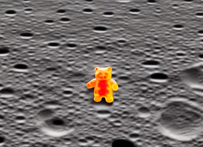 Image similar to a gummy bear walking on the moon staring back at a tiny earth, photorealistic