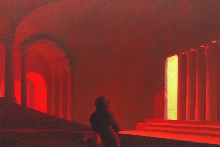 Image similar to only with red, a red melted emperor, taormina amphitheatre, crowd hails him, in the style of beksinski, parts by edward hopper, parts by rodcenko, parts by yue minjun, intricate and epic composition, red by caravaggio, insanely quality, highly detailed, masterpiece, red light, artstation, 4 k