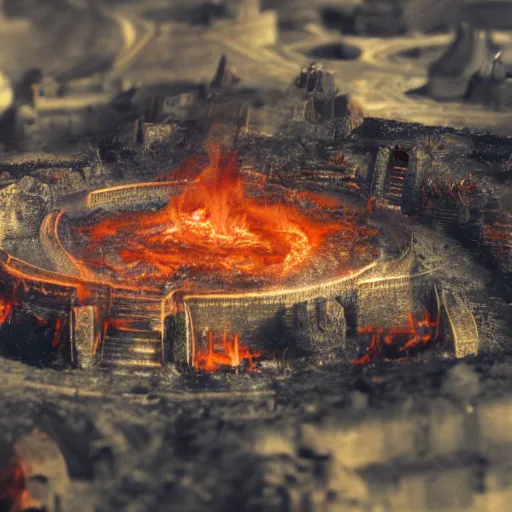 Image similar to landscape of hell, fire, tilt shift