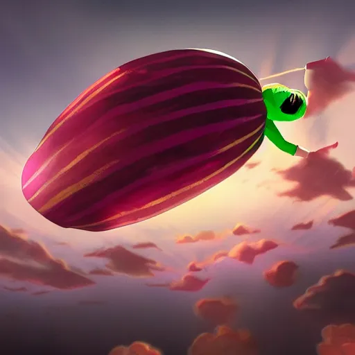 Image similar to A watermelon skydiving from a plane, dynamic lighting, cinematic, ultra detailed, trending on art station