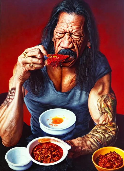 Prompt: ultrawide angle colour portrait masterpiece photography of danny trejo eating a bowl of chili shot by annie leibovitz michael cheval miho hirano moebius josh kirb