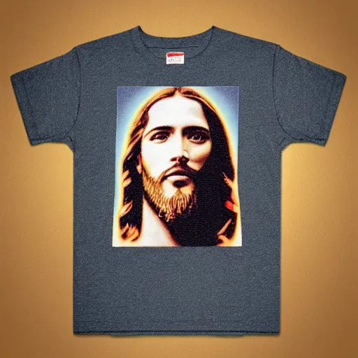 Image similar to a photo of a supreme t - shirt with an image of jesus on it, 4 k, highly detailed