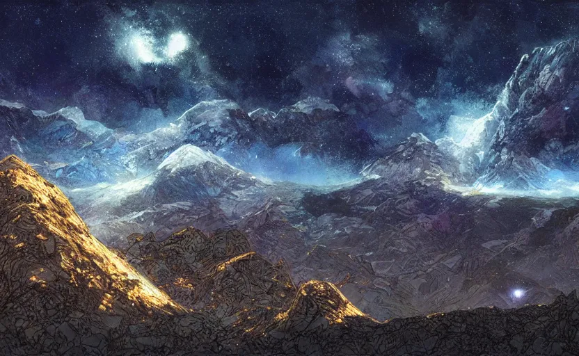 Prompt: mountains, stars and paisley filled sky, artstation, intricate, highly detailed, digital painting, concept art, sharp focus, illustration by Jean Claude Mézières and Yoshitaka Amano