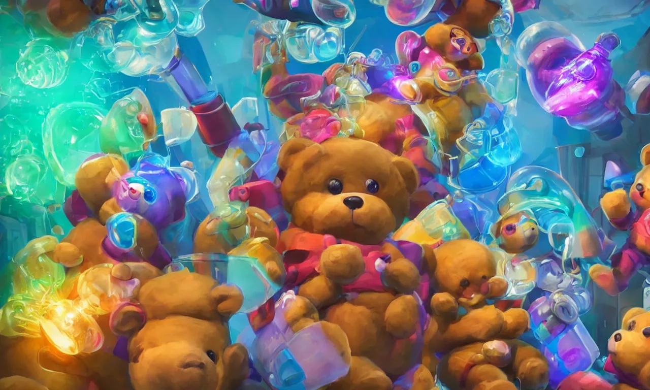 Image similar to Teddy bears mixing sparkling chemicals as mad scientists as a 1950s Saturday morning cartoon, vivid colors, high details, cinematic, 8k resolution, beautiful detailed, photorealistic, digital painting, artstation, concept art, smooth, sharp focus, illustration, fantasy background, artstation trending, octane render, unreal engine