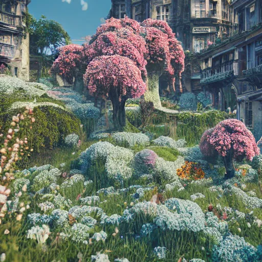 Image similar to A ruined city overgrown by flowers, octane render, 8K, depth of field, By WLOP