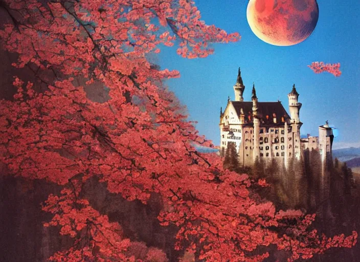 Image similar to neuschwanstein castle on water flowing down gold travertine terraces during sakura season on a blood moon, by peter andrew jones and conrad roset, rule of thirds, beautiful landscape