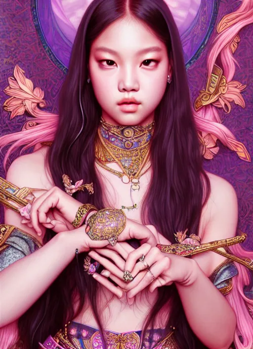 Image similar to jennie of blackpink, queen, tarot card, highly detailed, digital painting, smooth, sharp focus, illustration, ultra realistic, unreal engine, 8 k, art by artgerm and alphonse mucha