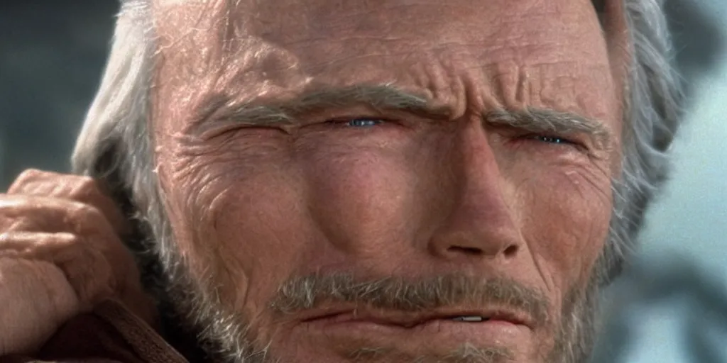 Prompt: Still of Clint Eastwood as jedi master Obiwan kenobi!!!!. in Star Wars (1977). detailed eyes. medium shot, technicolor. light saber