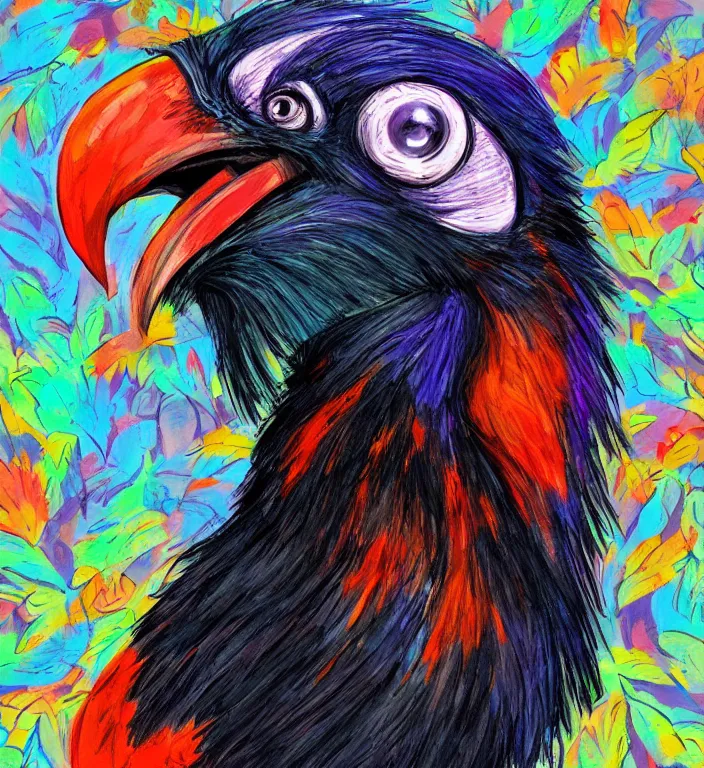 Prompt: colorful illustration of happy raven bird, by zac retz and junji ito