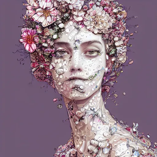 Image similar to the portrait of an absurdly beautiful, graceful, elegant, sophisticated, fashionable young woman made of strawberries and white petals with tears, an ultrafine hyperdetailed illustration by kim jung gi, irakli nadar, intricate linework, bright colors, octopath traveler, final fantasy, unreal engine 5 highly rendered, global illumination, radiant light, detailed and intricate environment