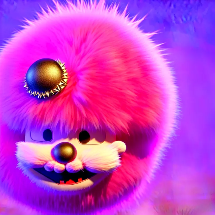 Prompt: high quality 3 d render hyperrealistic very cute big spherical creature, whiskers, plush mascot, short spiky dense fluffy smooth hair, isometric 3 d, psychedelic lighting pink fluffy fur 1 cm long, 1 5 0 mm, smooth background, artstation, ultra detailed, elegant, ultra detailed, octane render