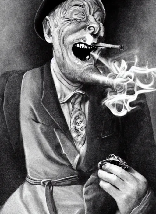 Image similar to Portrait of Duncan Trussel laughing demonically while smoking a pipe. Disturbing