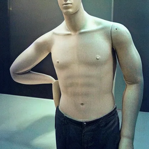 Image similar to “ a realistic detailed photo of a guy who is an attractive humanoid who is half robot and half humanoid, who is a male android, actor liam hemsworth, shiny skin, posing like a statue, blank stare, at the museum, on display ”