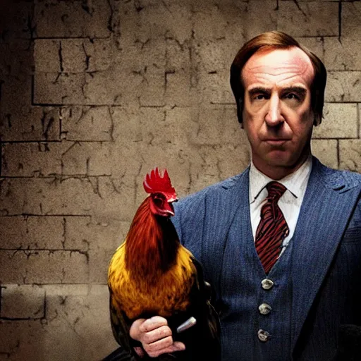 Image similar to saul goodman and a rooster in a saw movie torture chamber, saw movie jigsaw background, saul goodman, rooster, photo