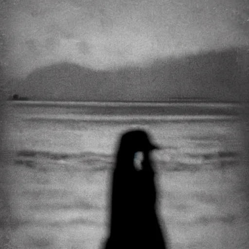 Prompt: la marche harmonique, dakr abstract blurry black and white disturbing old photograph full of mysterious black silhouettes, tim burton
