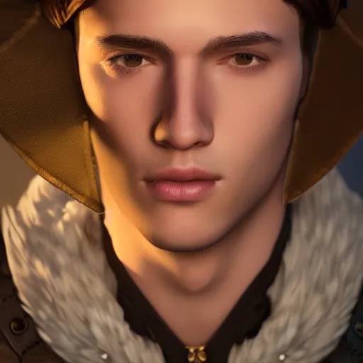 Image similar to a digital art close up portrait of young barnes courtney bard from fantasy world, handsome young man bard with lute character sheet, 4 k, ultra detail, volumetric lighting, unreal engine, octane render