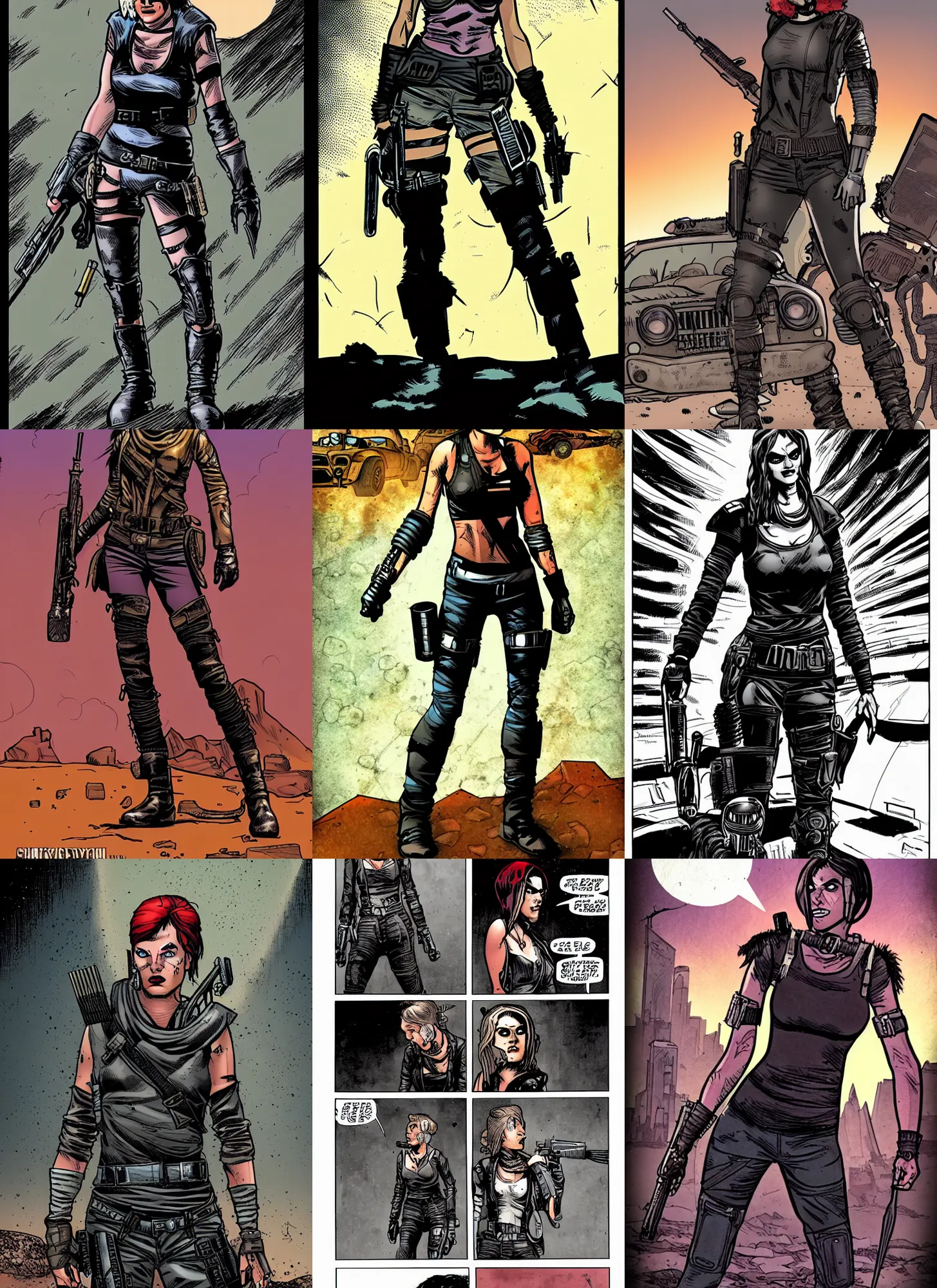 Prompt: comic book panel style female mad max in a dystopian world