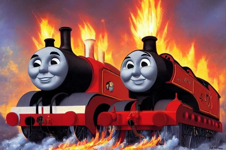 thomas the tank engine on fire as the 4 horsemen of