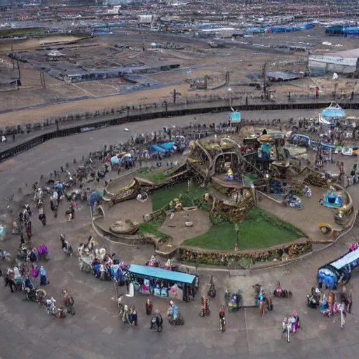 Prompt: a wide-angle aerial view photo of Dismaland Bemusement Park by Banksy, 8k, award winning photography