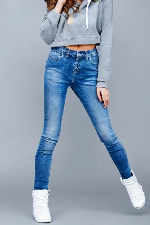 Prompt: full - body shot female fashion model wearing jeans and hoodie on white background for ecommerce