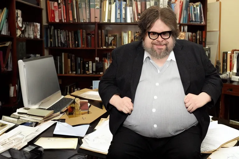 Image similar to monster guillermo del toro sat in an office