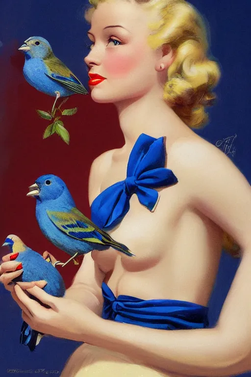 Image similar to portrait of 1 9 4 0 s blond pinup girl holding an indigo bunting, bird, the bird is wearing a bowtie, by greg rutkowski, rossdraws, gil elvgren, enoch bolles, porcelain skin, glistening, very coherent,