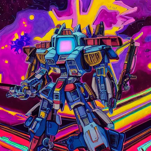 Image similar to An extremely Gundam psychedelic experience, colorful, surreal, mecha, LSD, face, jet turbine, tarot, detailed, intricate, elegant, highly detailed, super detailed, insane detailed, digital painting, concept art, smooth, sharp focus, illustration, art by josan gonzales, Krenz Cushar, Marco Plouffe, dan mumford, Artem Demura and alphonse mucha