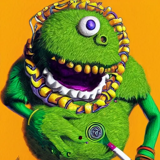 Image similar to a tennis ball monster wearing gold chain necklace smoking a blunt, digital art, fantasy, magic, trending on artstation, ultra detailed, professional illustration by Basil Gogos