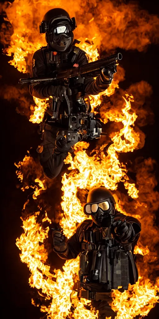 Image similar to portrait of a burning swat agent with a tactical helmet and goggles holding a machine gun, flames, at night, mid shot, editorial photography