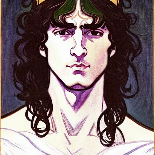 Image similar to painting of young handsome beautiful paladin elf! man with long wavy dark hair in his 2 0 s named shadow taehyung at the blueberry party, wearing armor!, elegant, clear, painting, stylized, delicate, soft facial features, art, art by alphonse mucha, vincent van gogh, egon schiele,