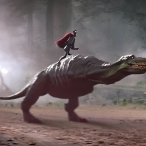 Image similar to cinematic shot of the joker riding on a t - rex in the wild, 8 k, very detailed,