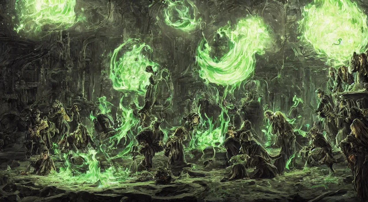 Image similar to A highly detailed oil painting by Greg Rutkowski of a group of sorcerers wearing black robes making a potion in a huge bubbling cauldron glowing bright green, with lots of fire coming from it, highly detailed fantasy concept artwork, very realistic, green and black color scheme, graffiti.