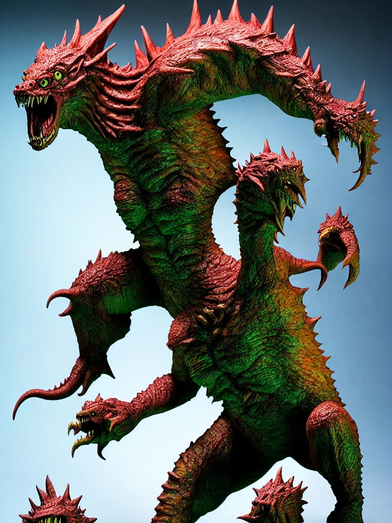 Image similar to hyperrealistic rendering, kaiju by art of skinner and richard corben and jeff easley, product photography, action figure, sofubi, studio lighting, colored gels