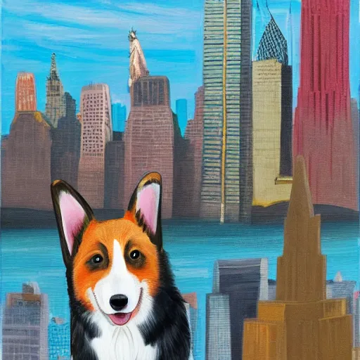 Prompt: giant welsh corgi dog standing over new york city skyline, painting